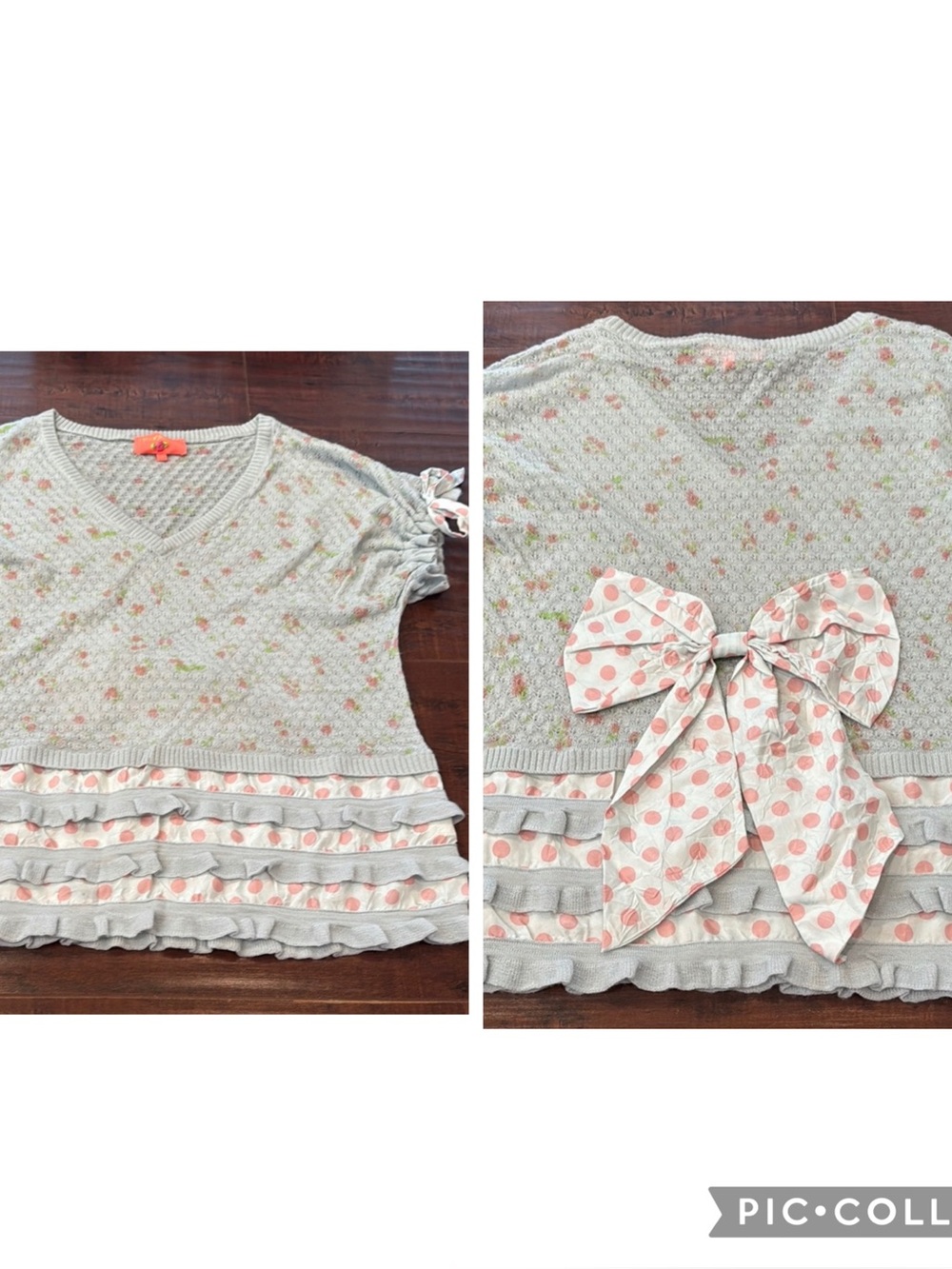 Manoush Blue & Pink Floral/Polka Dot Knit Top with Bow, Size Small, EUC!
